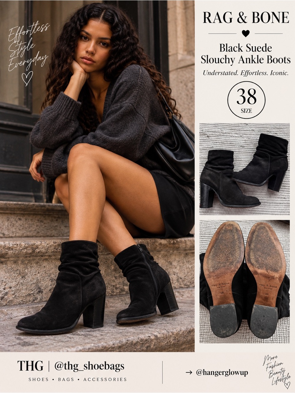 Rag & Bone Black Suede Slouch Ankle Boots Block Heel EU 38